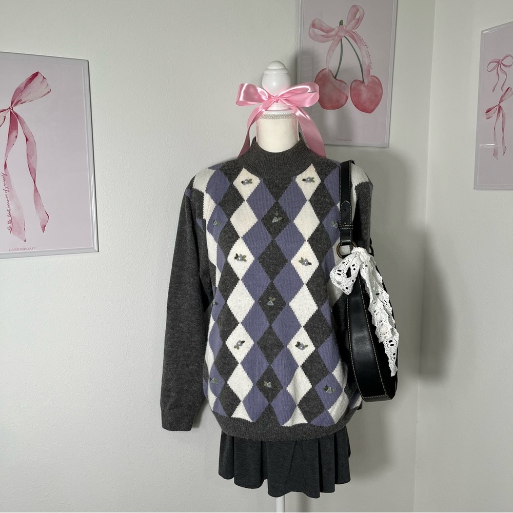 Vintage 90s Floral‎ Argyle Checker White Purple Lilac Sweater Acrylic Womens Lg